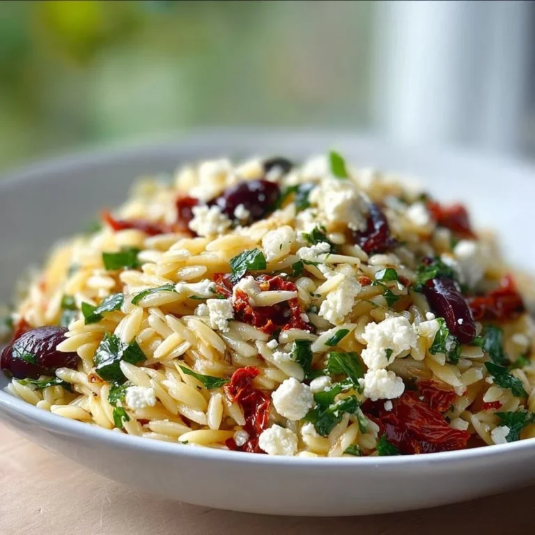 Delicious homemade orzo pasta salad with feta and sun-dried tomatoes