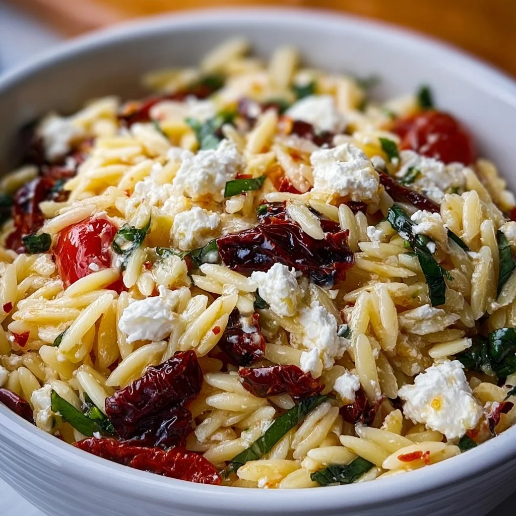 Homemade Orzo Pasta Salad with Feta and Sun Dried Tomatoes