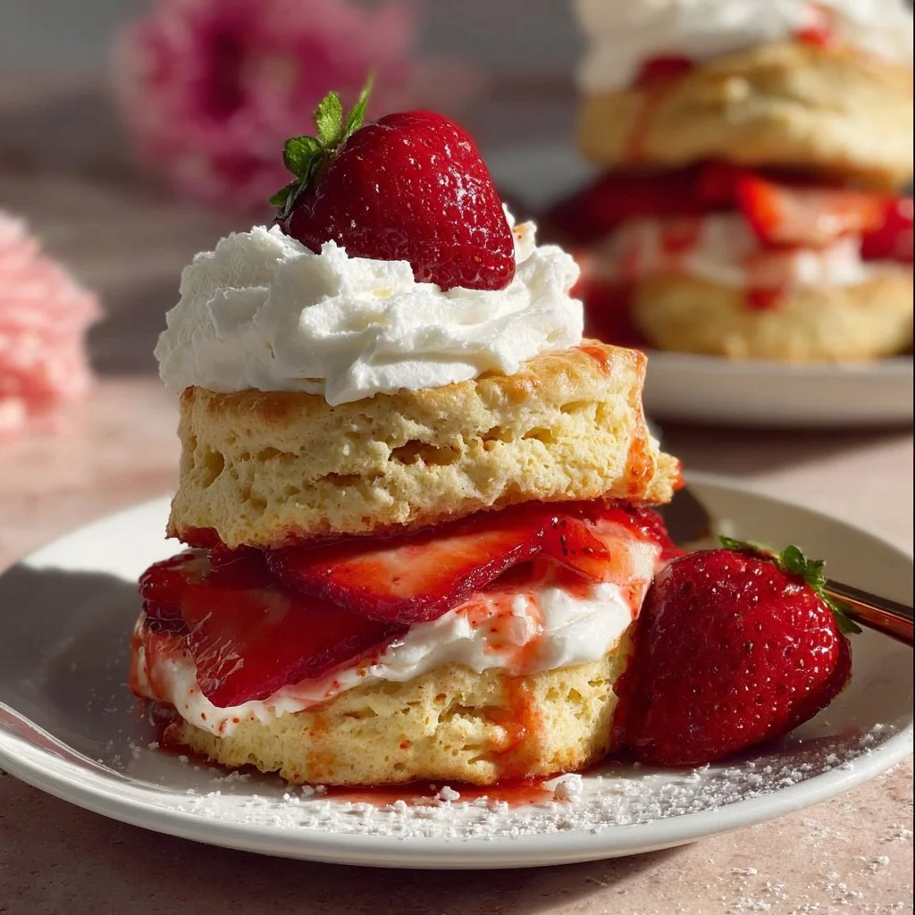 Delicious homemade strawberry shortcakes with strawberries and whipped cream