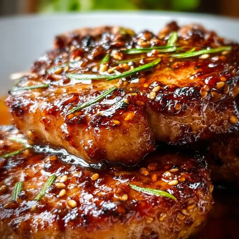 Delicious honey garlic pork chops served on a plate with herbs
