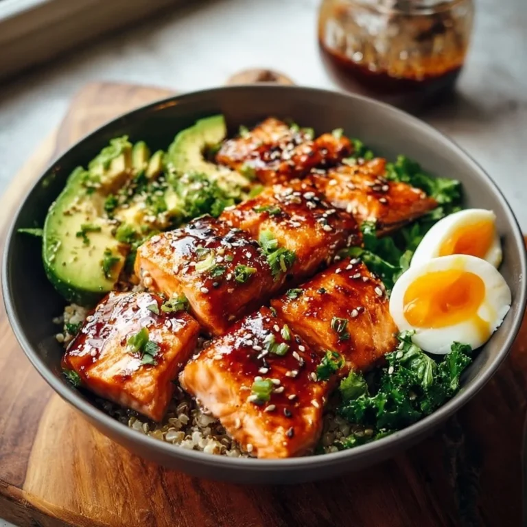 Delicious honey glazed salmon bowl with vegetables and rice for a healthy dinner.