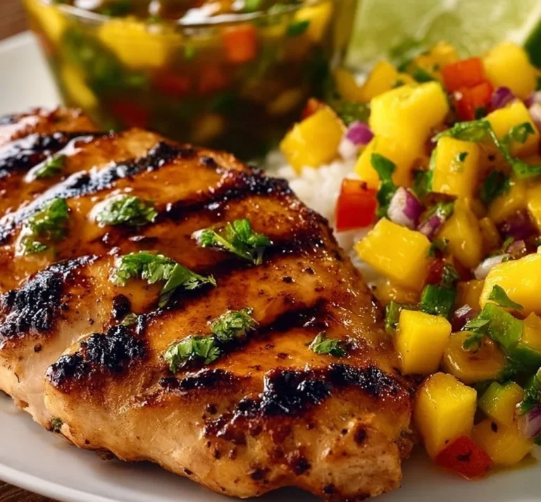 Grilled Honey Lime Chicken topped with fresh Mango Salsa on a plate