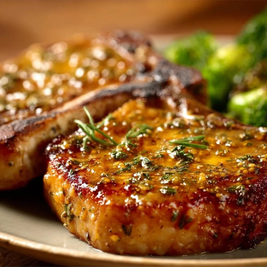 Honey mustard pork chops cooked to perfection with a savory glaze.