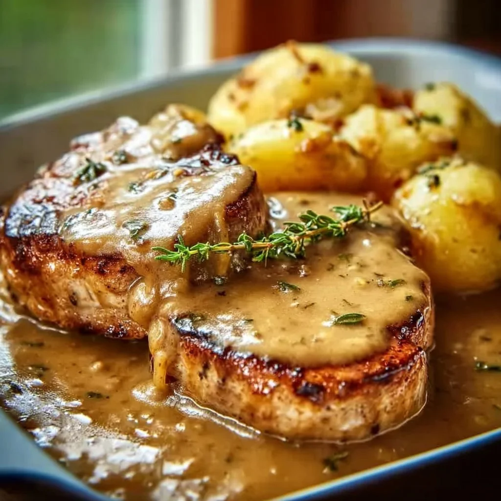 Indulgent Royal Kitchen Smothered Pork Chops with Potato Gravy served on a plate