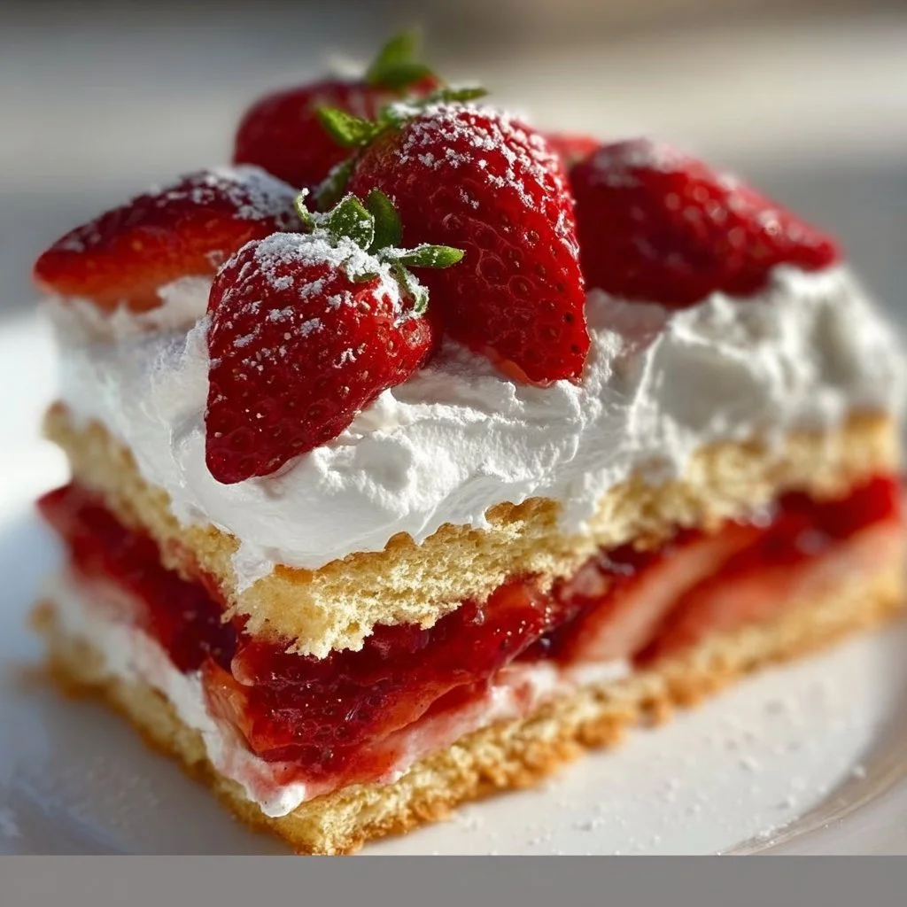 Irresistible strawberry shortcake topped with fresh strawberries and whipped cream