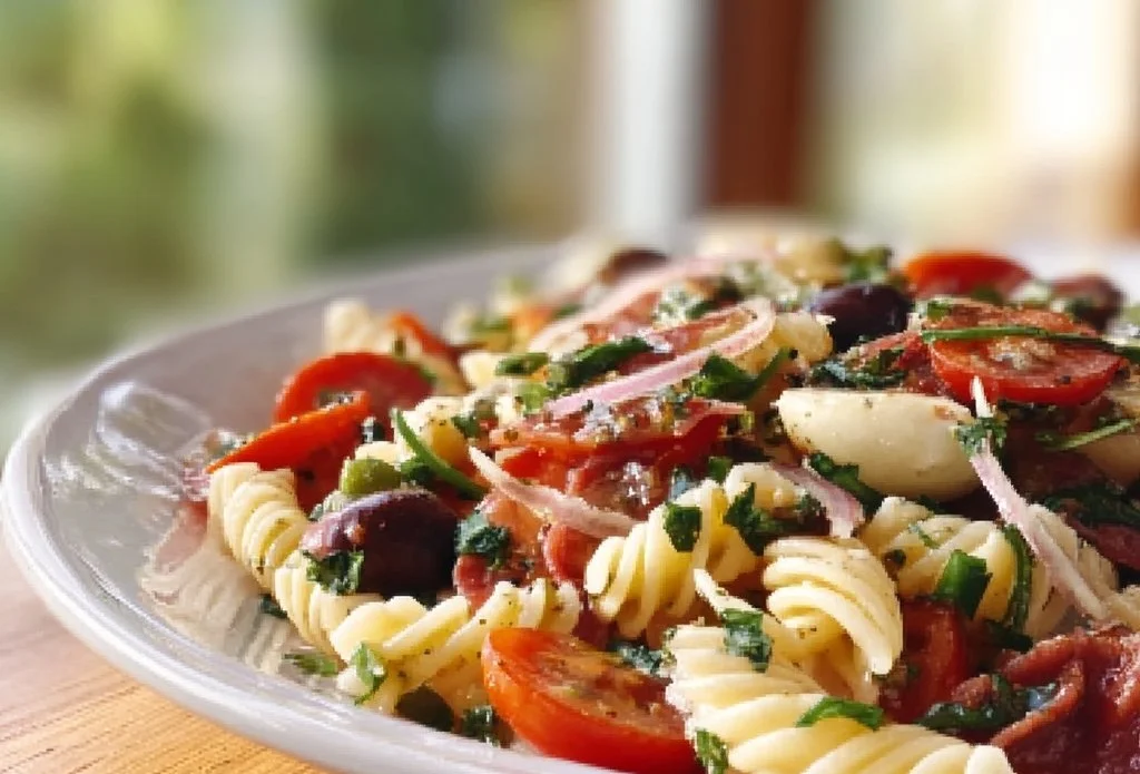 Colorful Italian pasta salad with vegetables and dressing in a bowl
