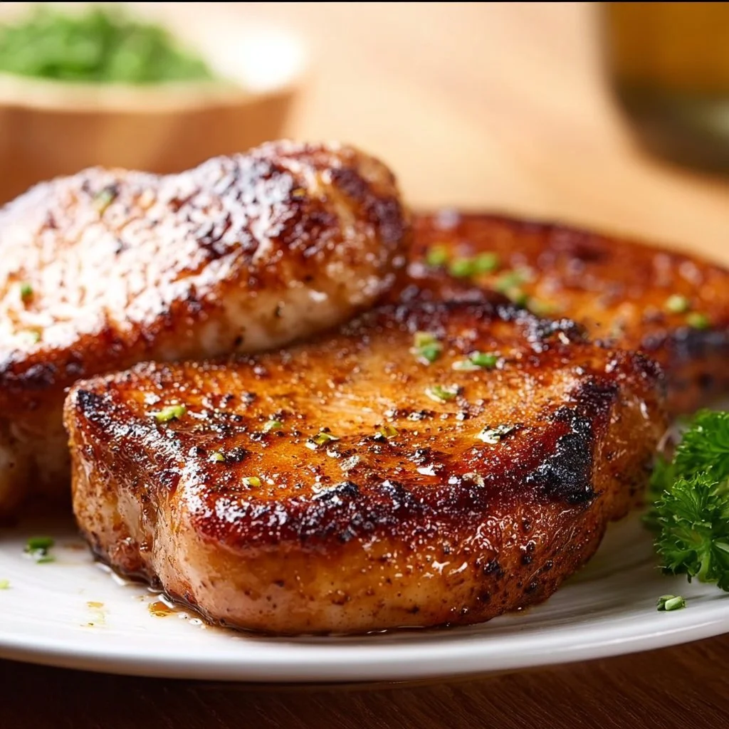 Juicy boneless pork chops served with vegetables