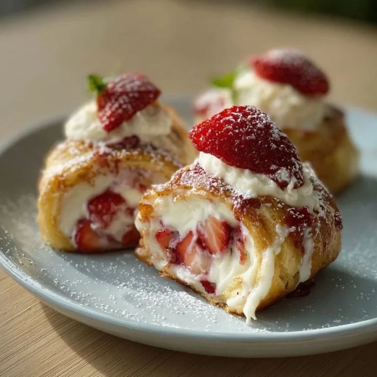Baked strawberry cheesecake rolls on a plate, drizzled with strawberry sauce.
