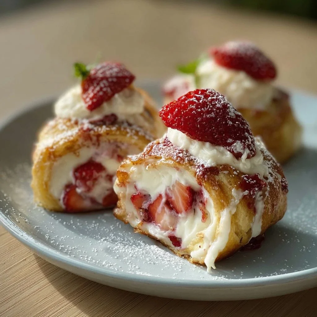 Baked strawberry cheesecake rolls on a plate, drizzled with strawberry sauce.