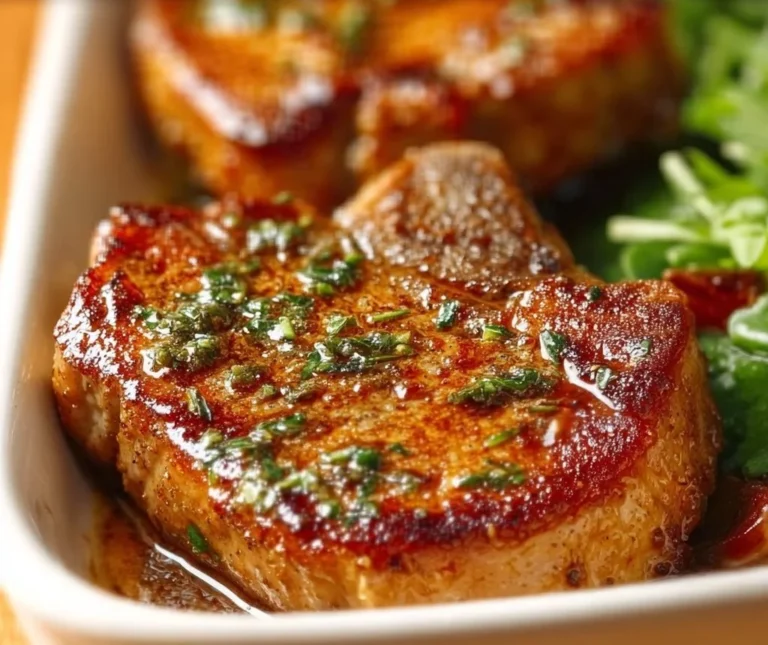 Juicy oven baked boneless pork chops served with vegetables