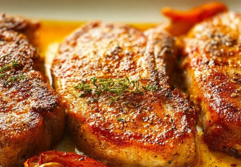 Juicy oven baked boneless pork chops served with side vegetables