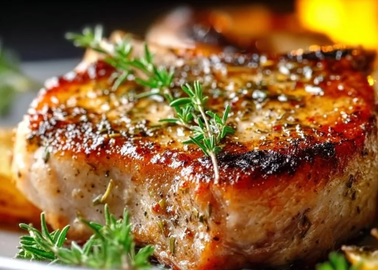 Juicy oven baked pork chops garnished and ready to serve on a plate.