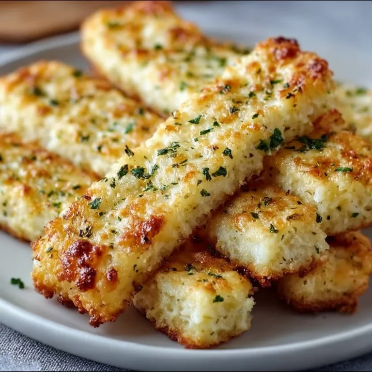 Keto Cauliflower Garlic Breadsticks served with herbs and dipping sauce
