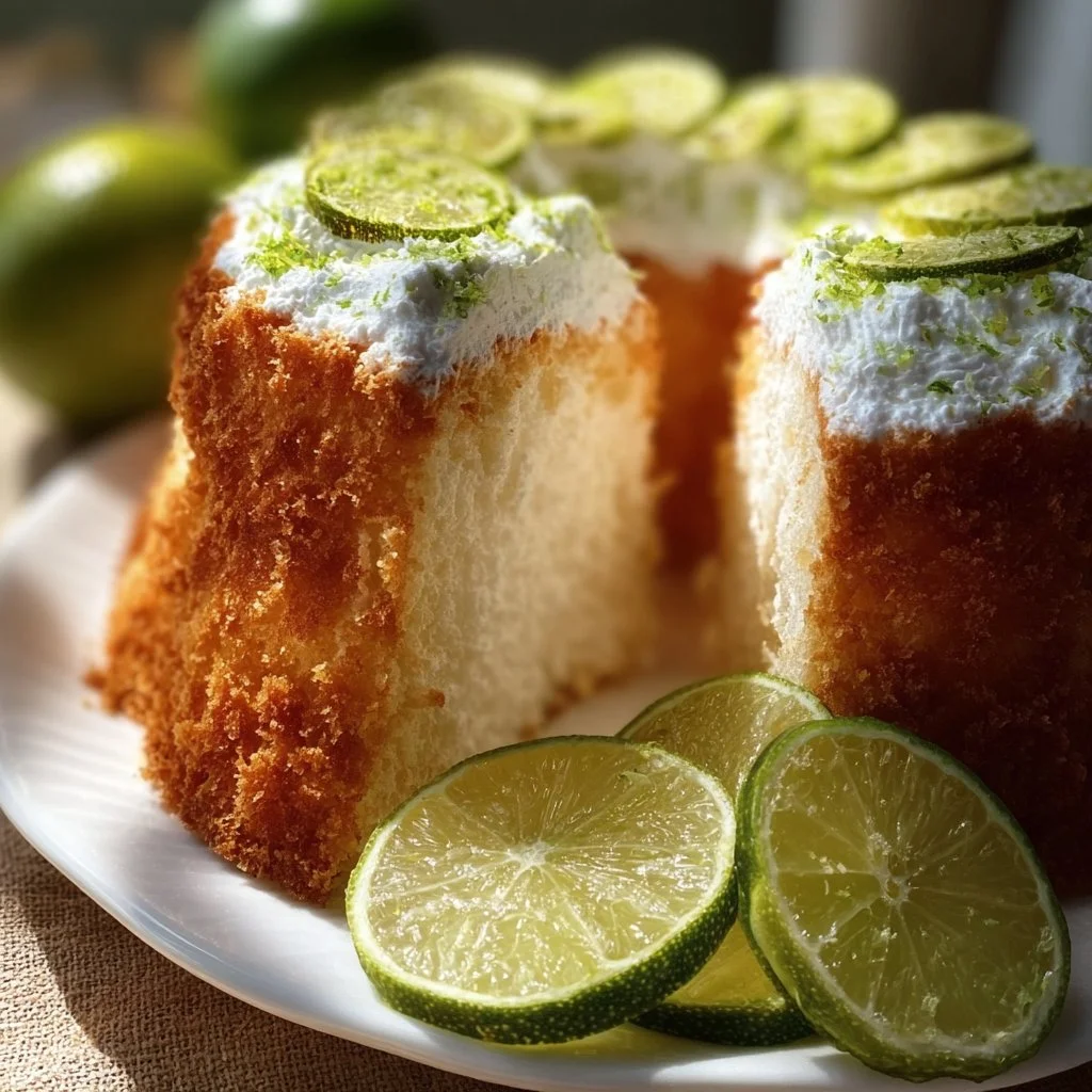 A slice of Key Lime Angel Food Cake topped with lime zest and whipped cream