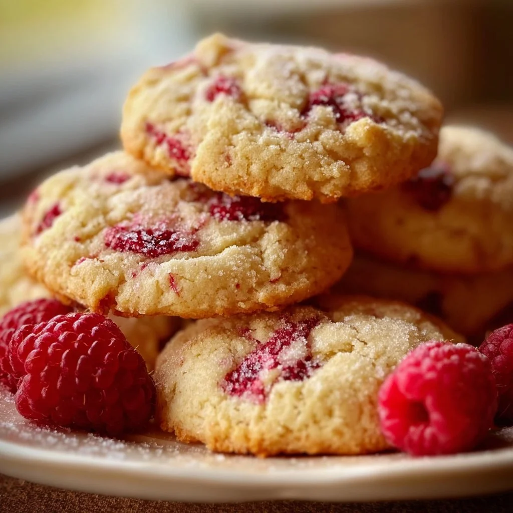 Delicious lemon raspberry cookies on a wooden plate