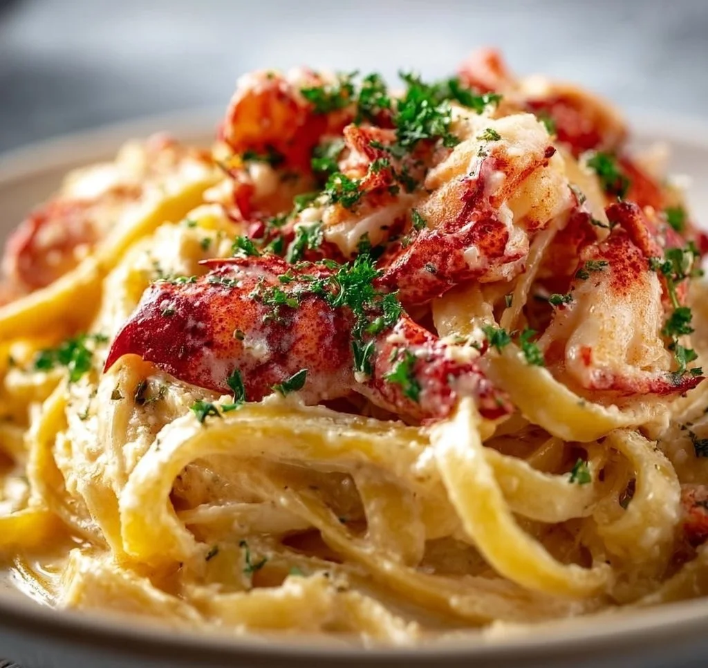Delicious Lobster Linguine in Champagne Cream Sauce served in a gourmet dish.
