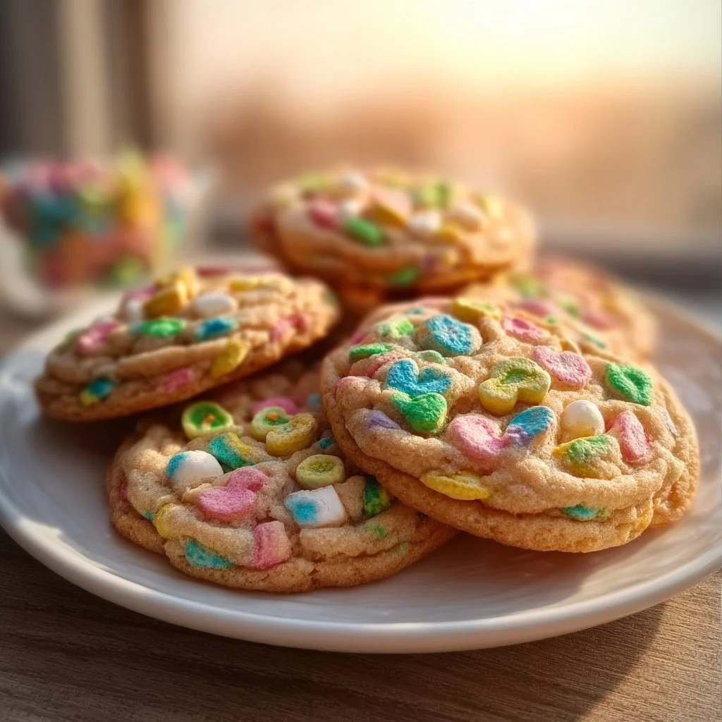 Delicious Lucky Charms Cookies with colorful marshmallows and cookie dough
