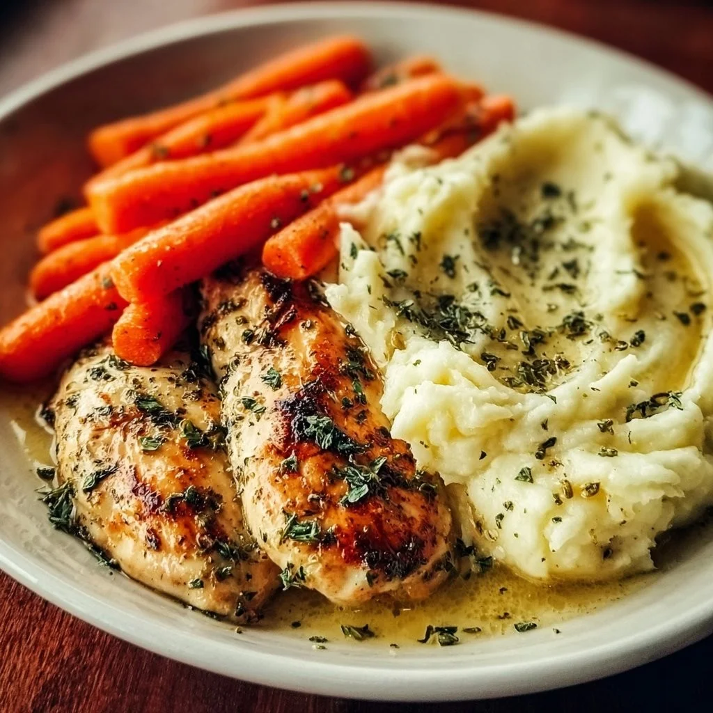 Garlic herb chicken on a plate with mashed potatoes and glazed carrots
