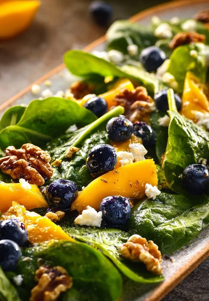 Mango Blueberry Salad with spinach, walnuts, and feta cheese on a plate