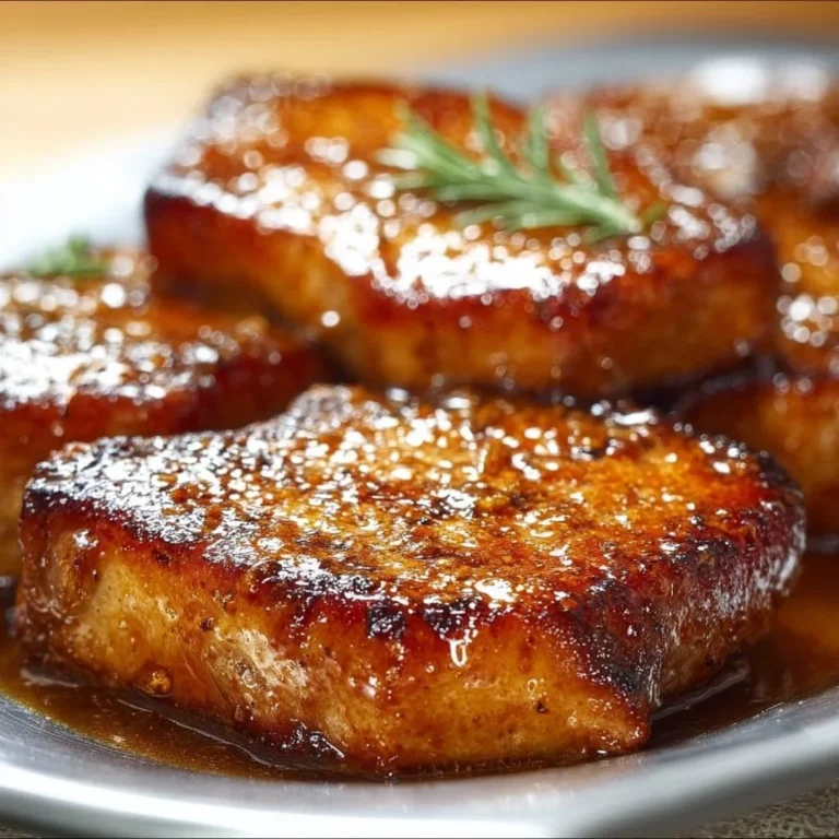 Delicious maple glazed pork chops on a plate garnished with herbs