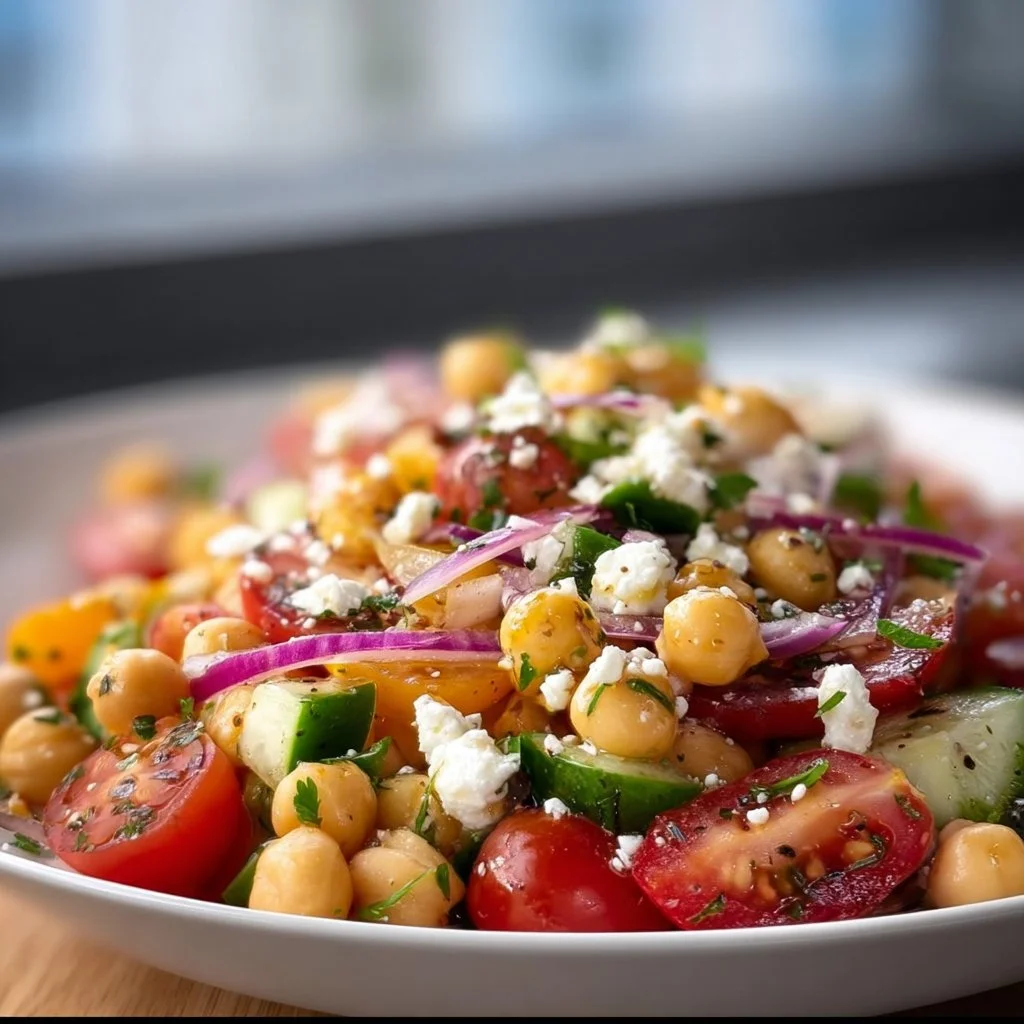 Mediterranean Chickpea Feta Salad with fresh vegetables and herbs