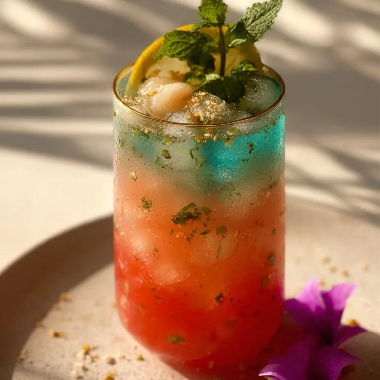 Refreshing Mermaid Water Mocktail garnished with colorful fruits and herbs
