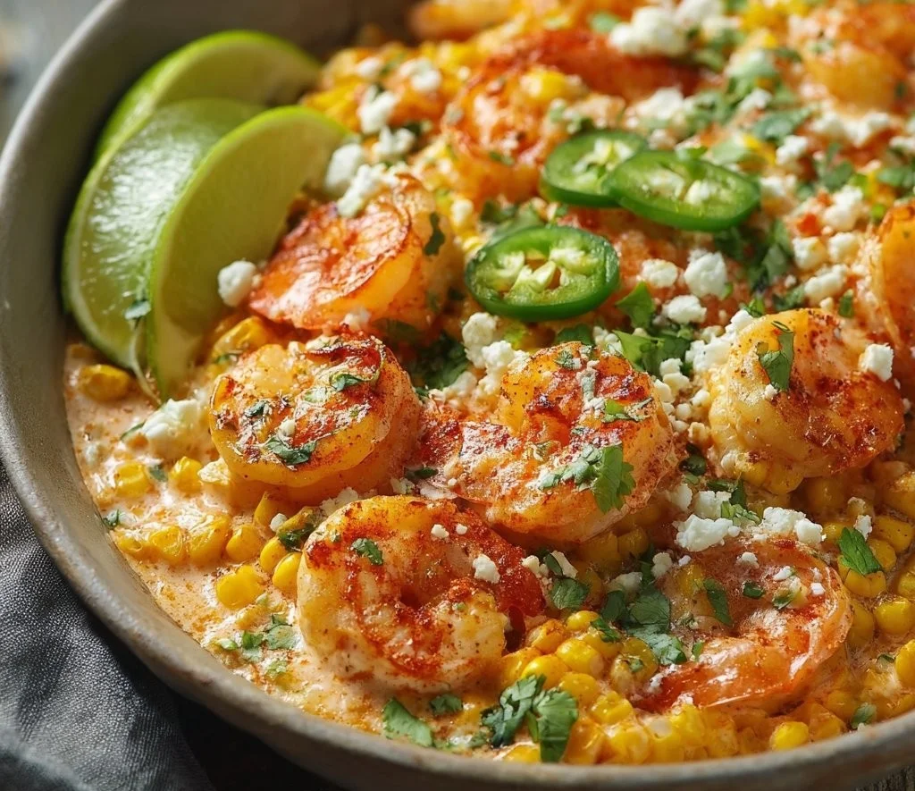 Mexican street corn with shrimp and creamy feta cheese sauce served on a plate.