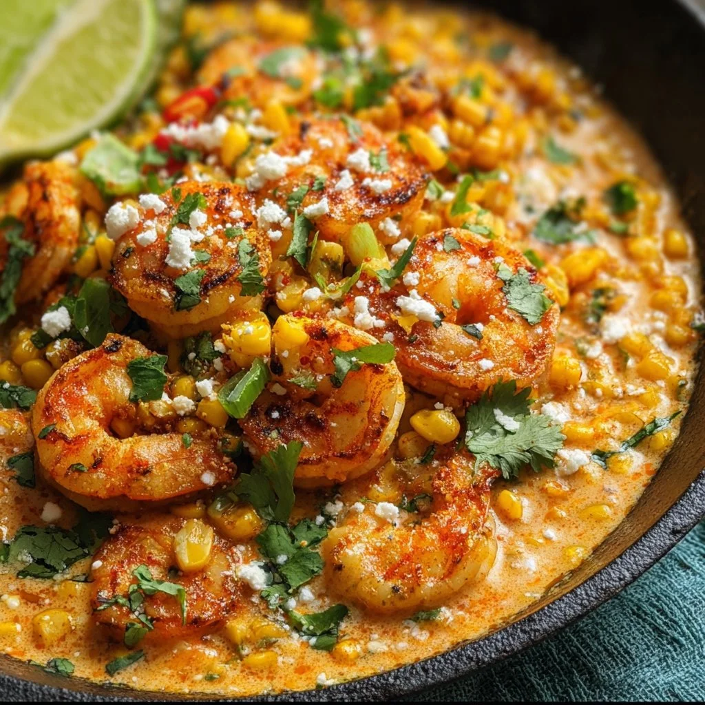 Mexican Street Corn with Shrimp and Creamy Feta Cheese Sauce