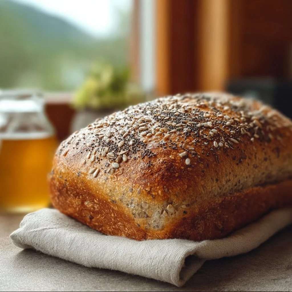 Freshly baked Oat and Chia Bread with seeds and grains