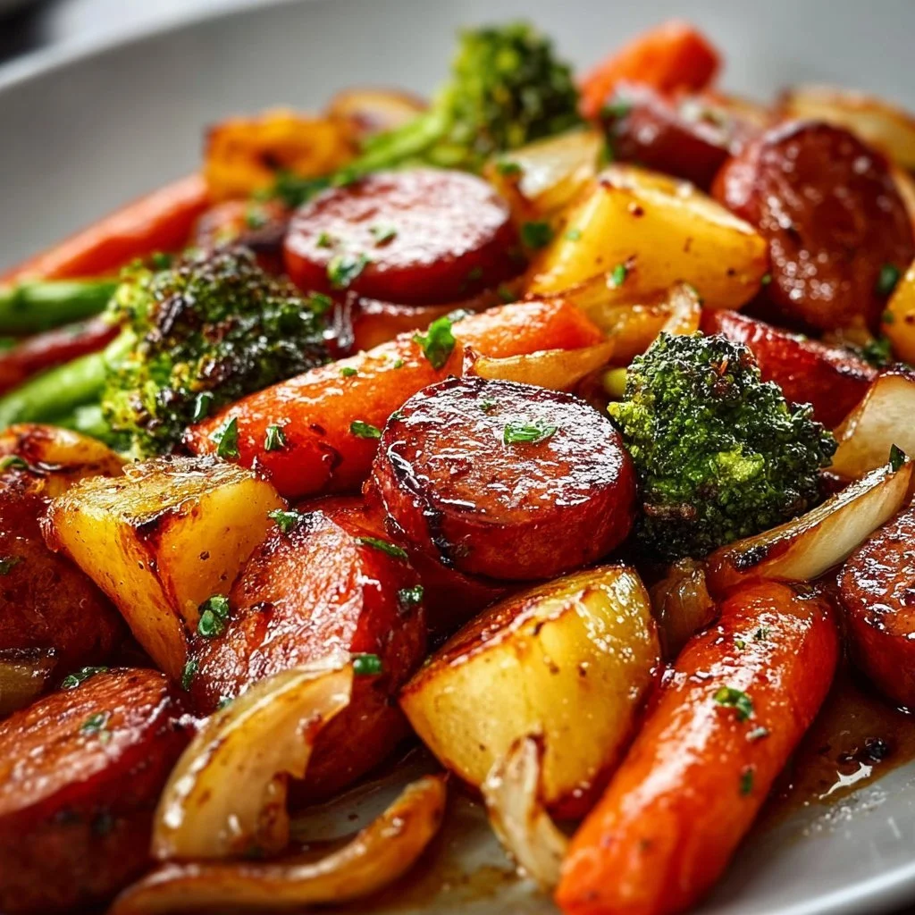 One-Pan Honey Garlic Kielbasa with colorful vegetables on a plate