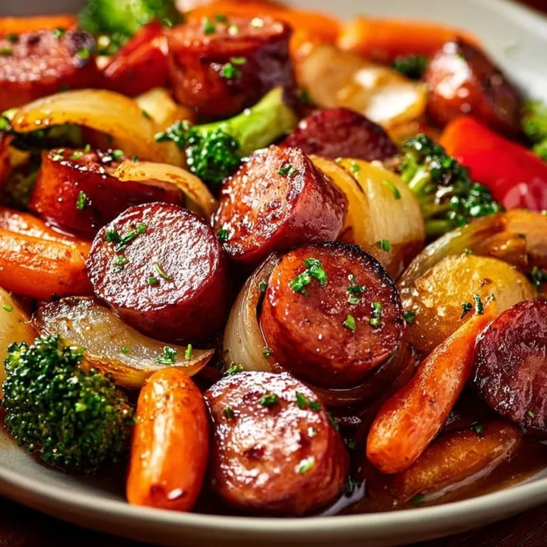 One-Pan Honey Garlic Kielbasa with assorted veggies in a skillet