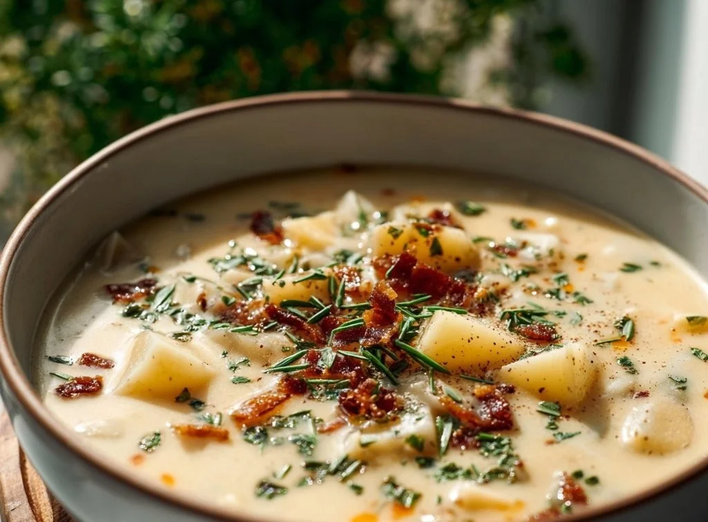 Delicious Outback Potato Soup served in a bowl with toppings