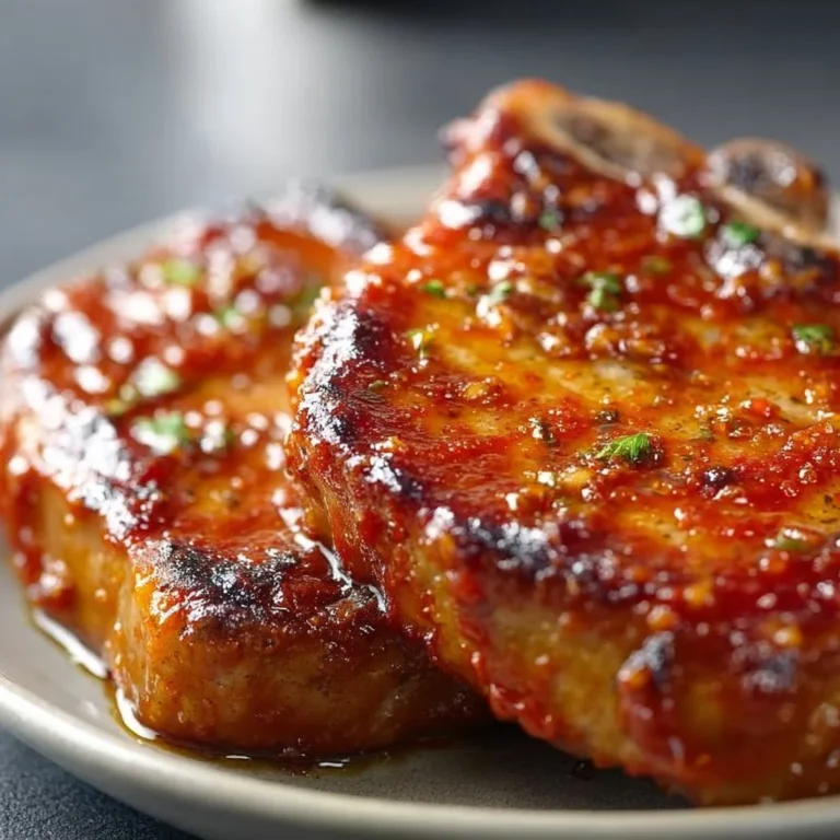 Oven baked barbecue pork chops seasoned and ready to serve on a plate.