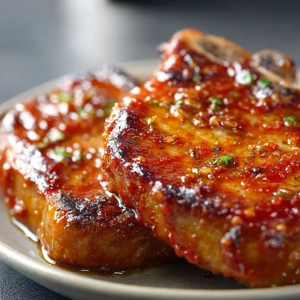 Oven baked barbecue pork chops seasoned and ready to serve on a plate.