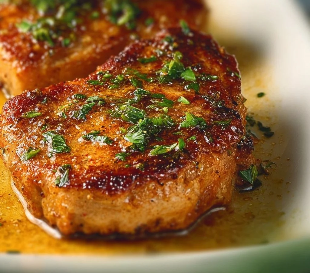 Oven-baked boneless pork chops served on a plate with herbs and seasonings.