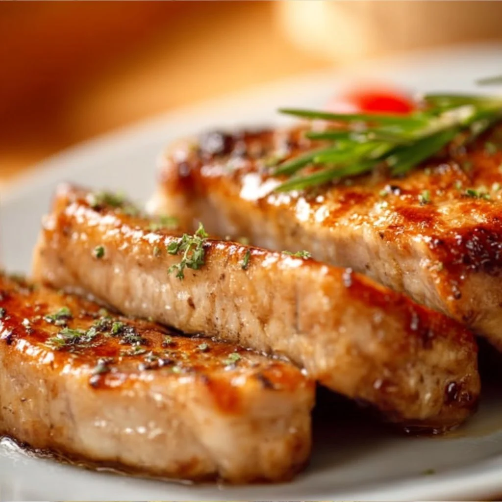Delicious oven-baked pork chops on a plate with herbs and spices