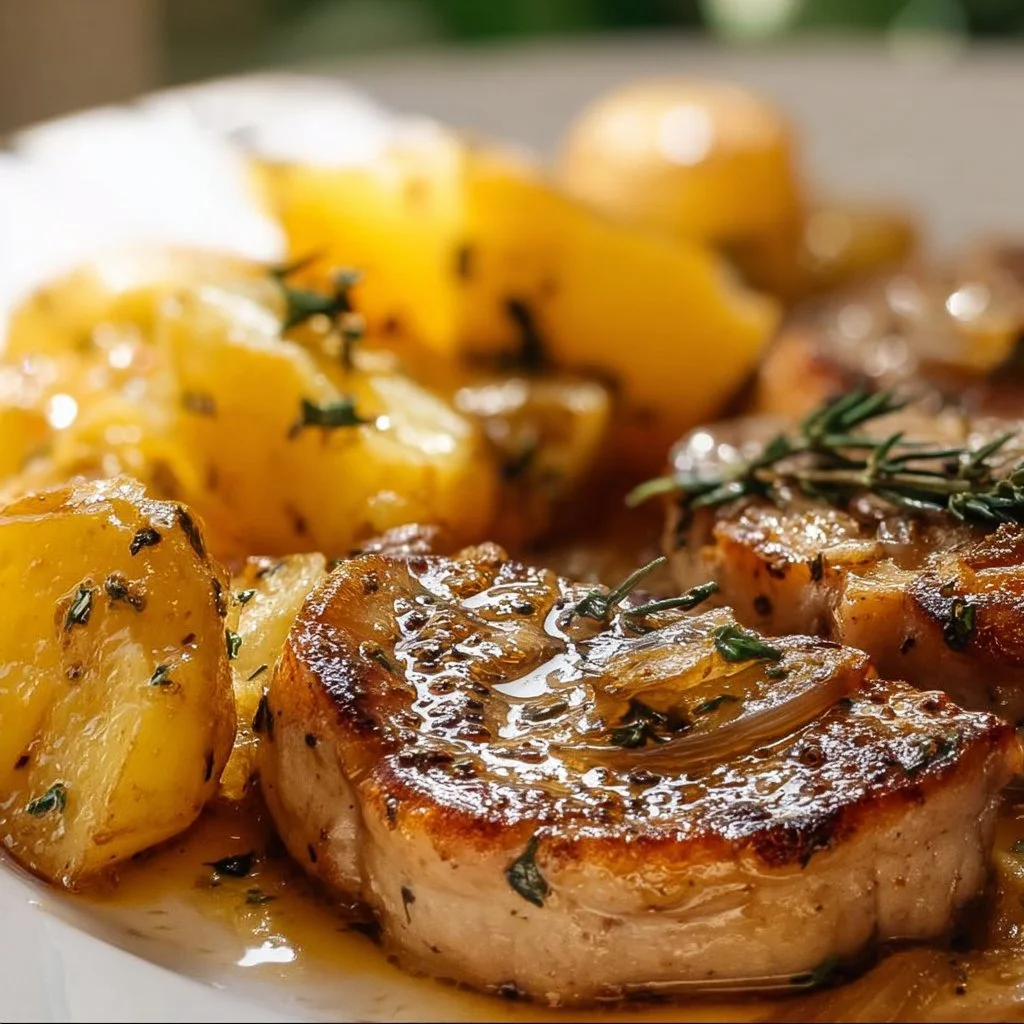 Oven-baked pork chops served with seasoned potatoes on a plate