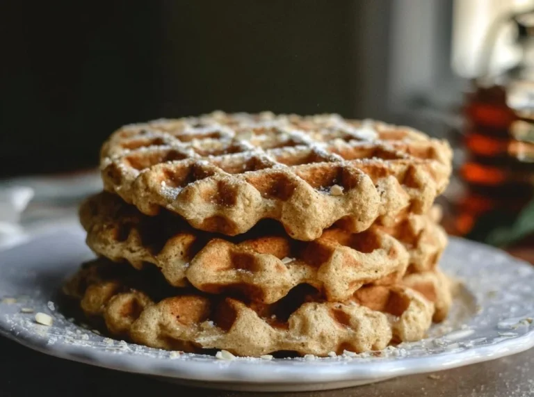Healthy overnight almond oatmeal waffles stacked on a plate