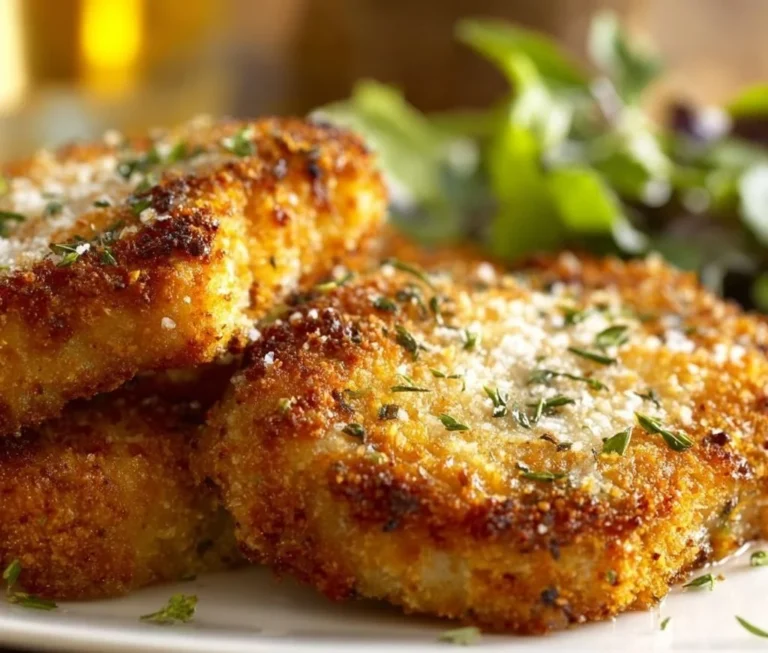 Parmesan Baked Pork Chops garnished and ready to serve on a plate.