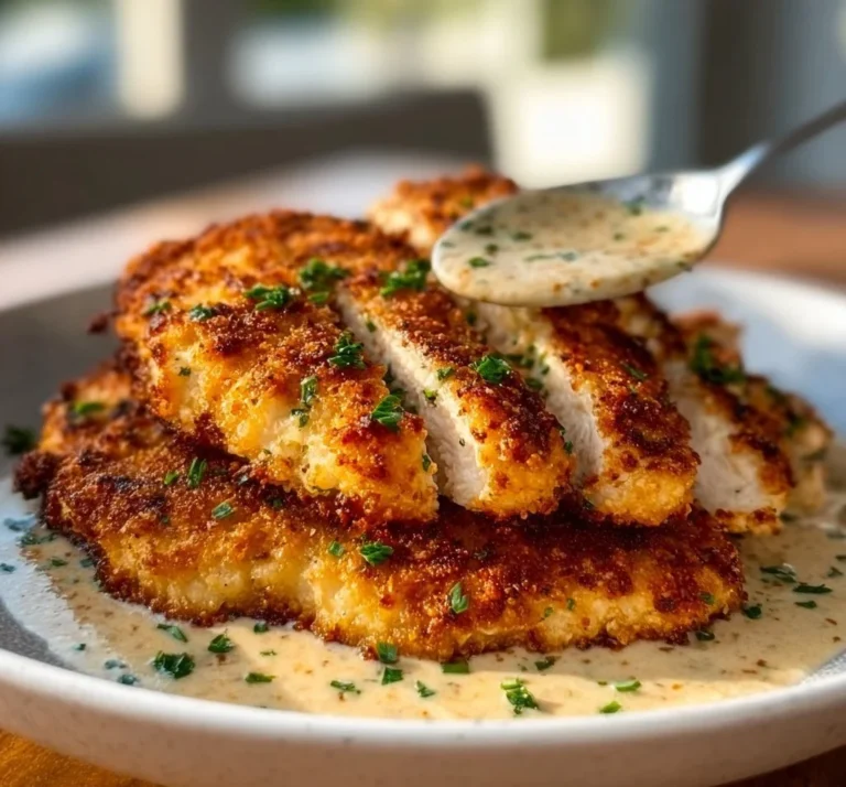 Parmesan Crusted Chicken served with fresh herbs and a lemon wedge