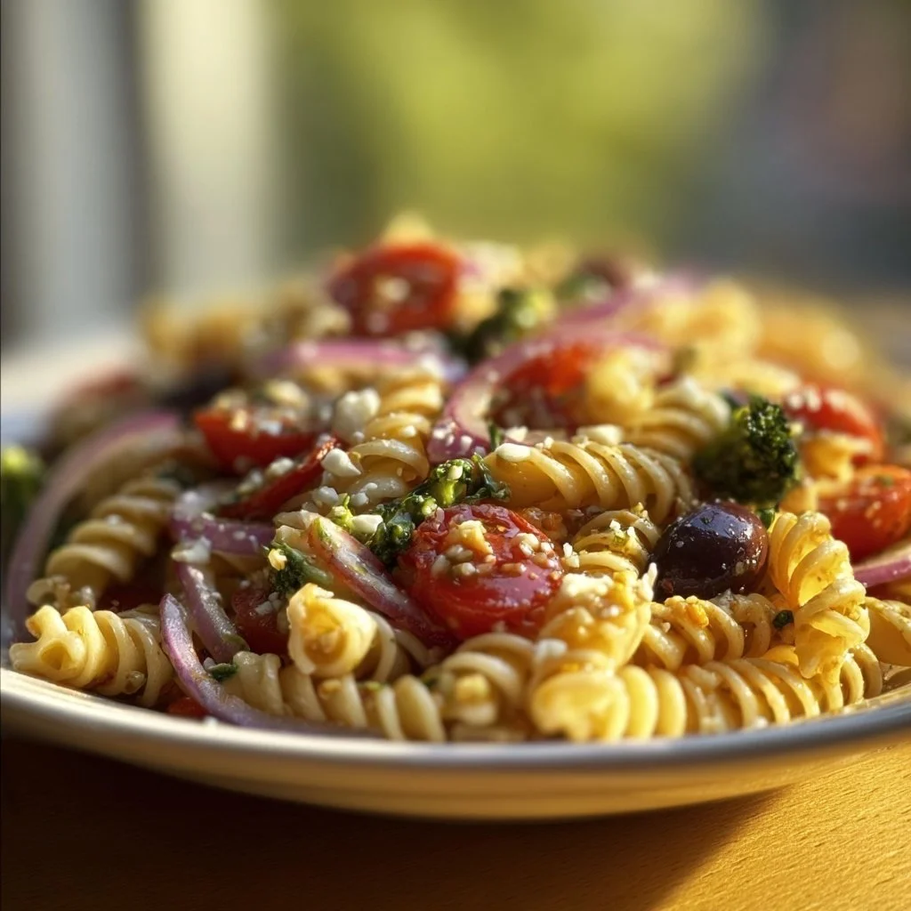 Colorful and fresh pasta salad with vegetables and dressing on a plate