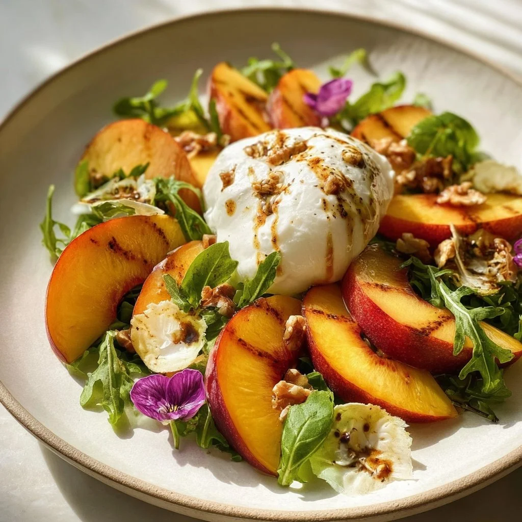 Fresh Peach Burrata Salad with greens and vinaigrette dressing