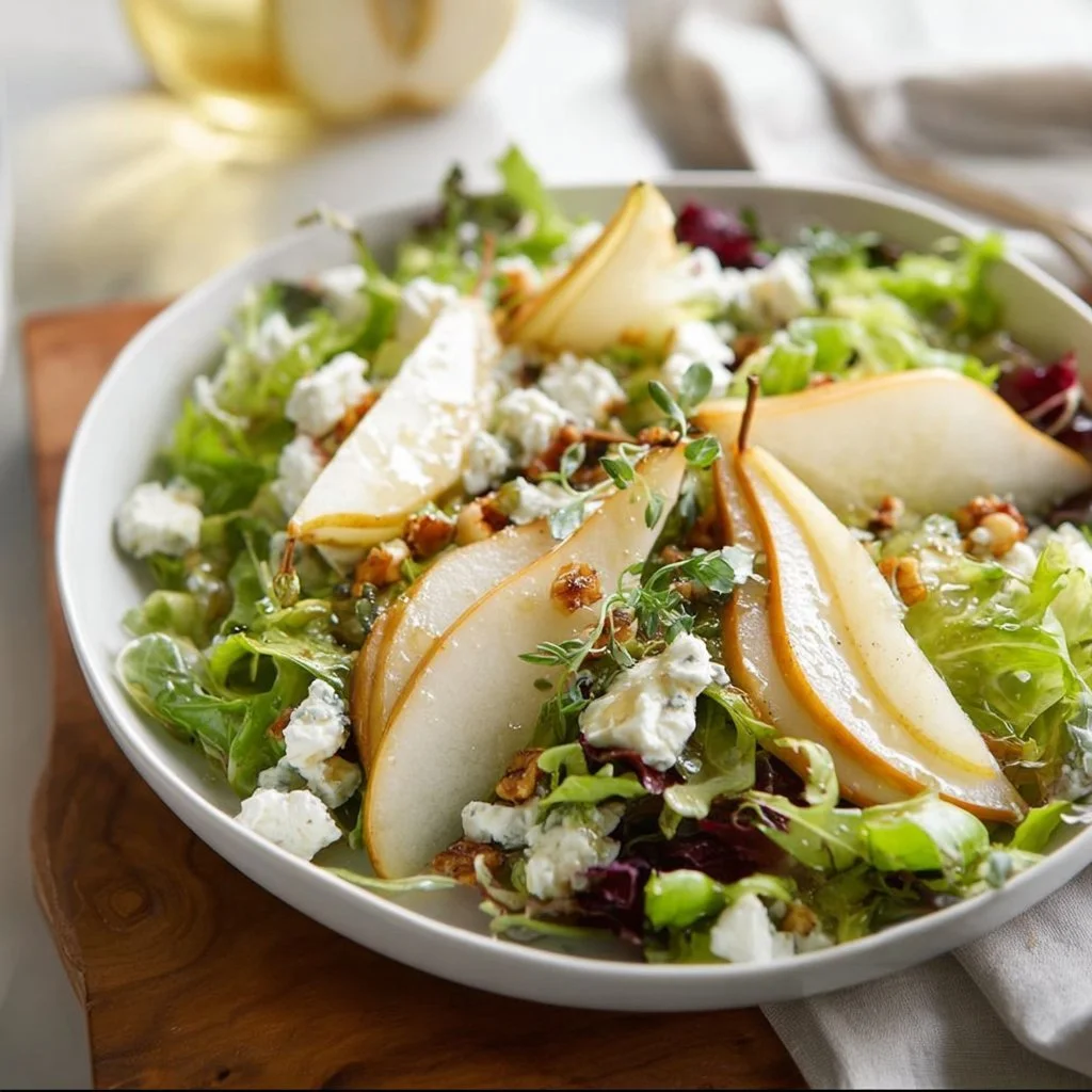 Pear Goat Cheese Salad topped with honey tarragon vinaigrette