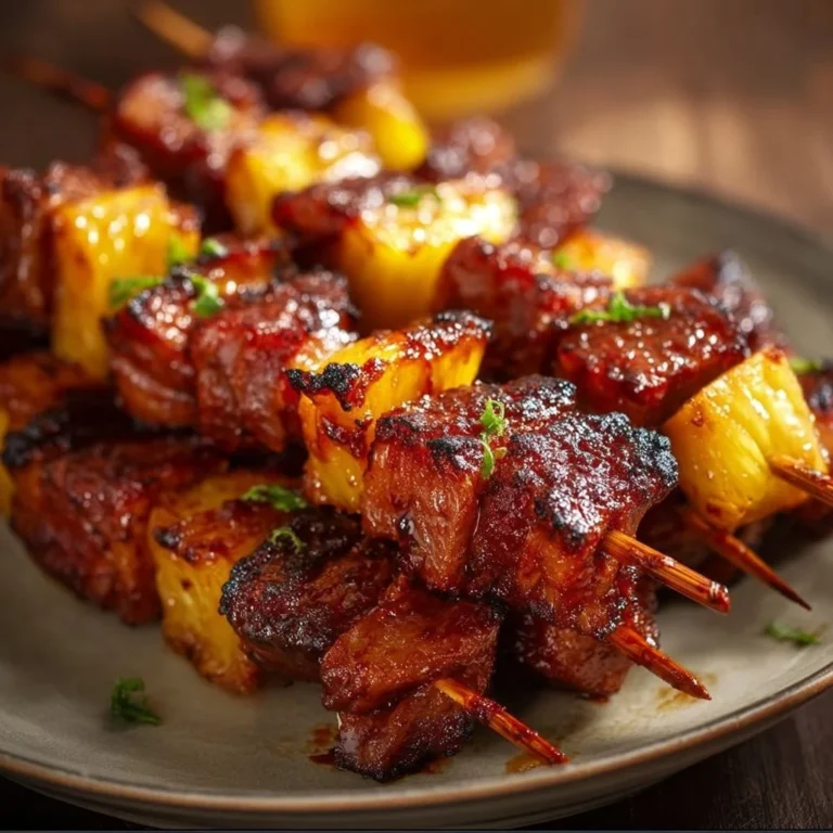 Delicious pineapple BBQ pork skewers grilling on the barbecue
