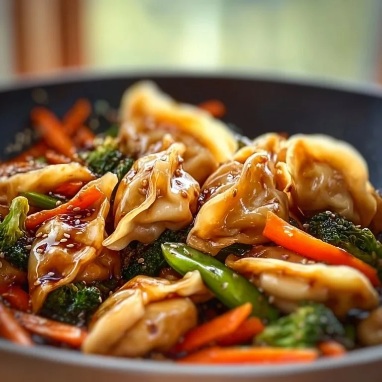 A colorful potsticker stir fry served in a bowl with vegetables and sauce.