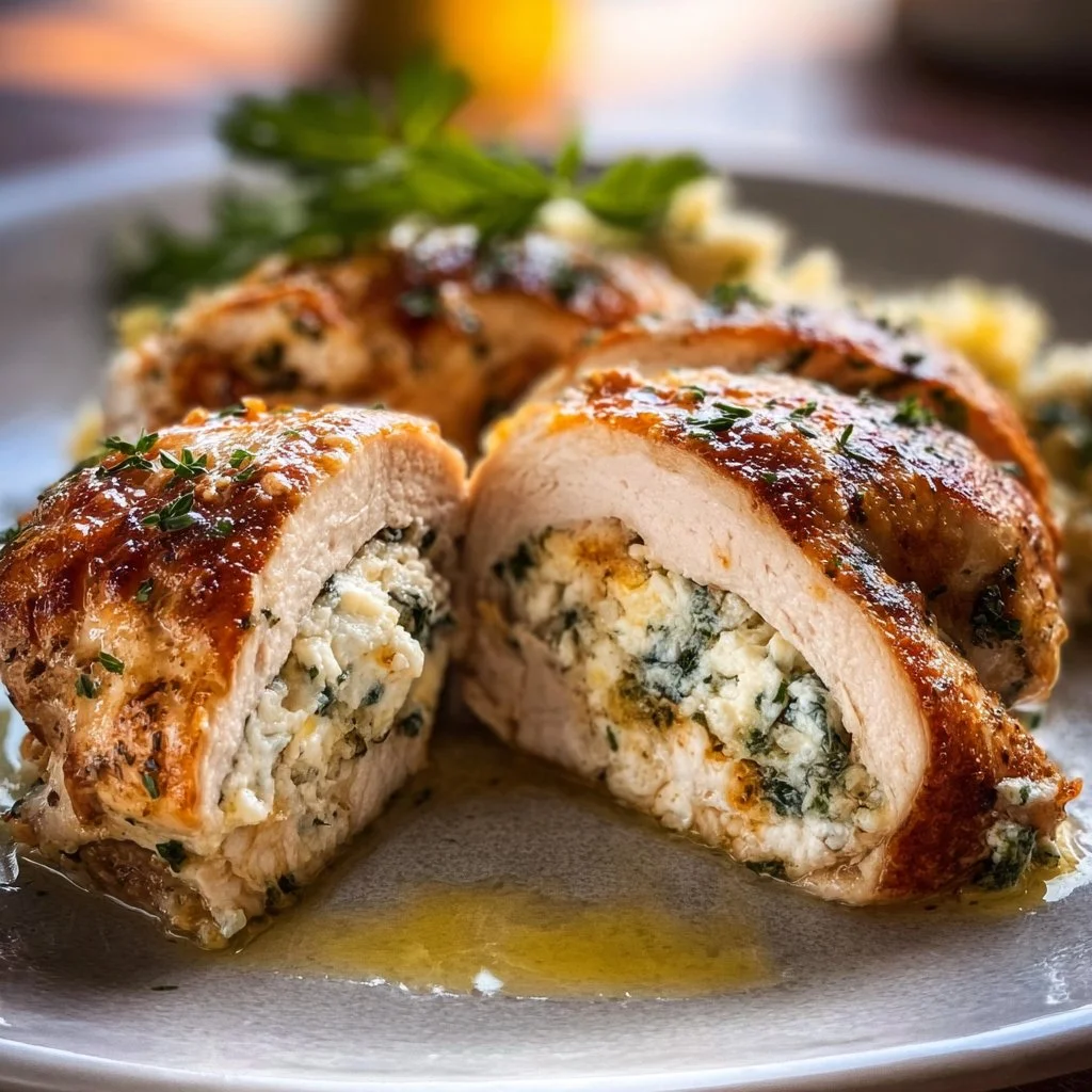 Ricotta stuffed chicken rolls with herbs and spices, baked to perfection.