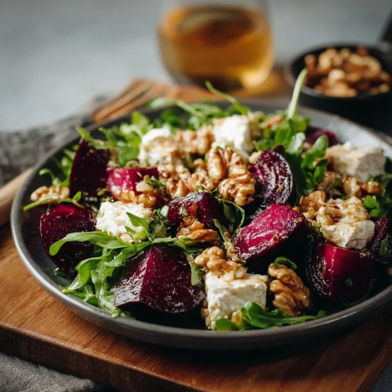 Roasted beetroot salad topped with goat cheese and toasted walnuts on a plate.