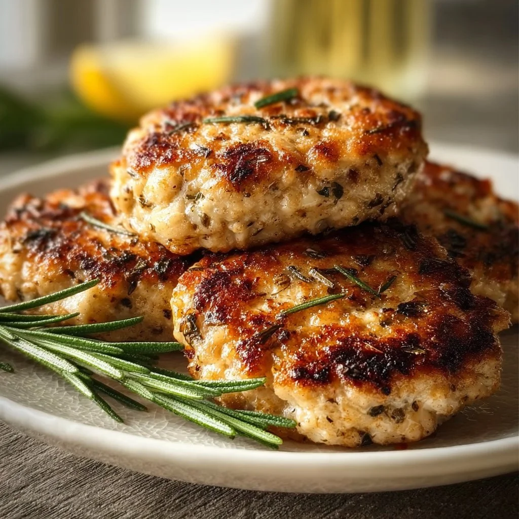 Rosemary Lemon Chicken Patties served with fresh herbs and lemon slices