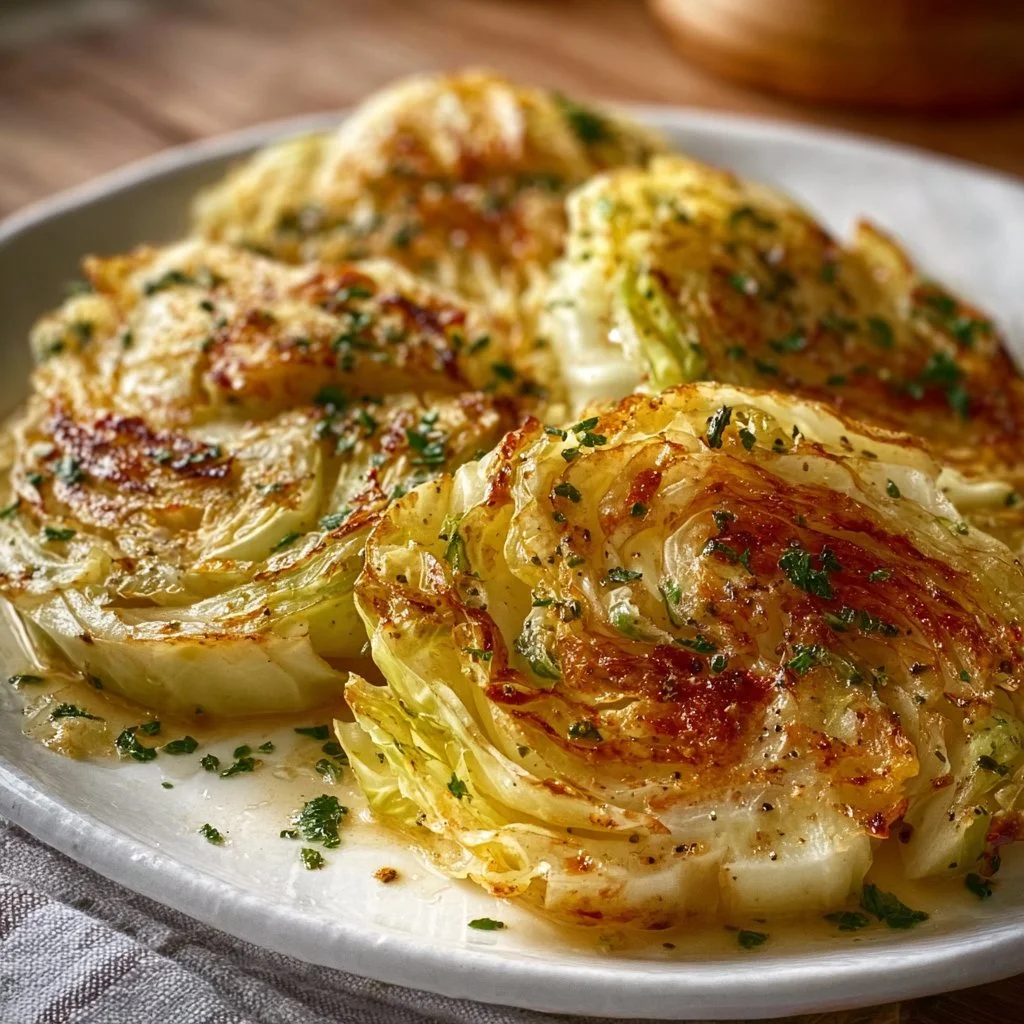 Savory garlic butter cabbage steaks on a plate garnished with herbs.