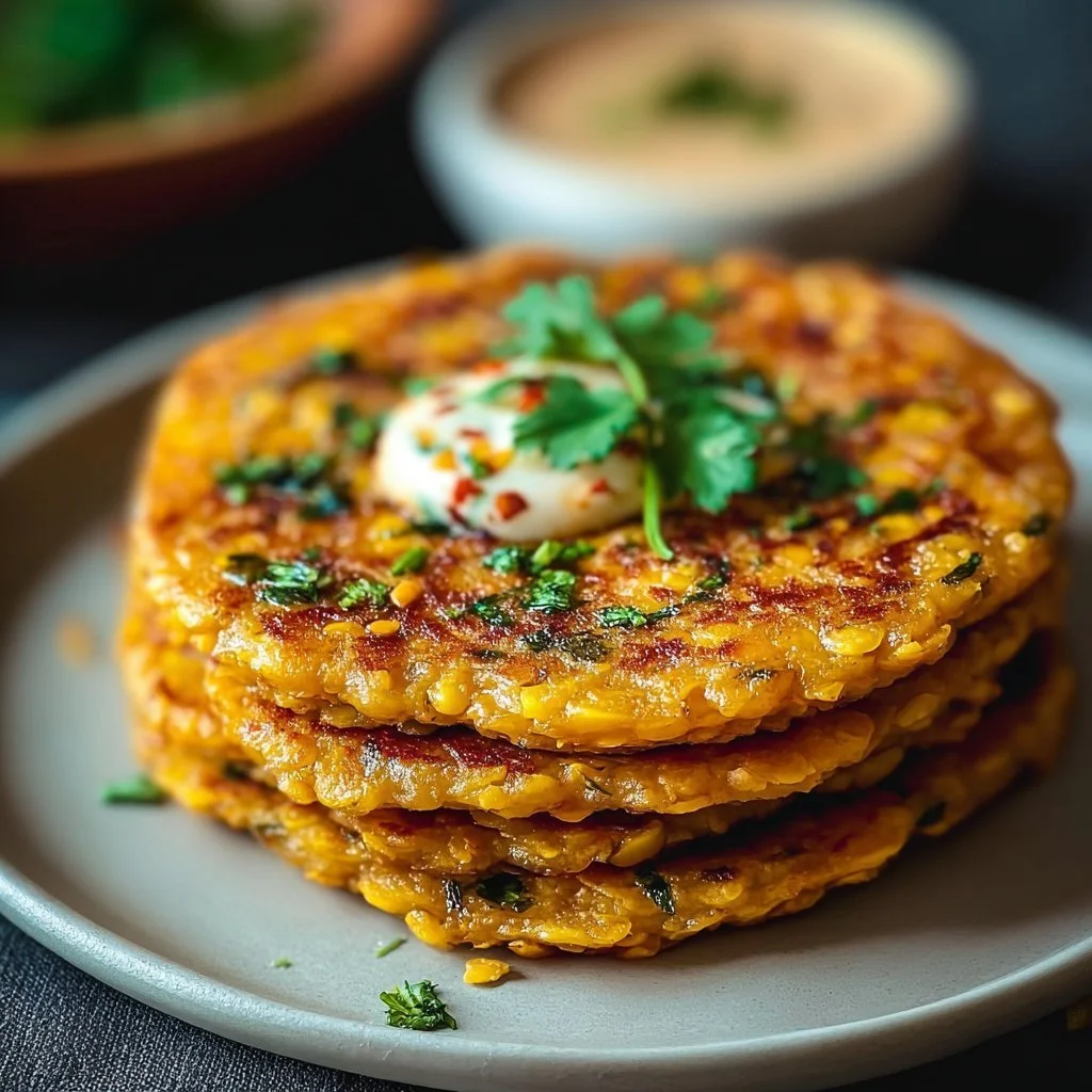 Savory red lentil pancakes served with fresh herbs and toppings